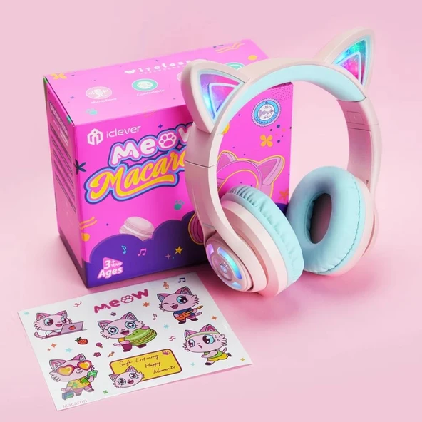 iClever Kedi Kulaklı Led Işıklı Güvenli Ses Sınırlı 50 Saat Oynatma Süreli Bluetooth Çocuk Kulaklığı Pembe - 3
