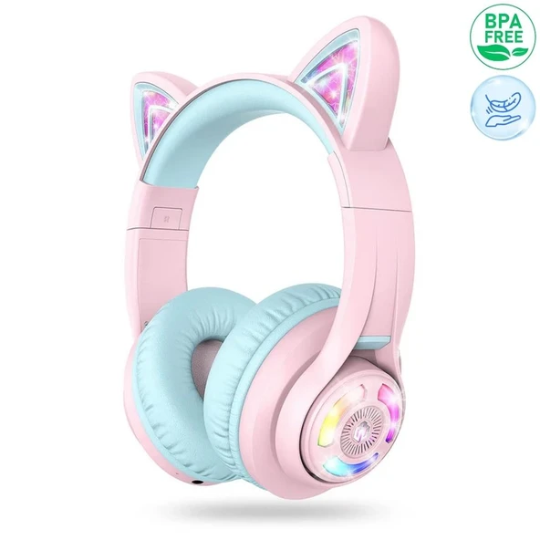 iClever Kedi Kulaklı Led Işıklı Güvenli Ses Sınırlı 50 Saat Oynatma Süreli Bluetooth Çocuk Kulaklığı Pembe
