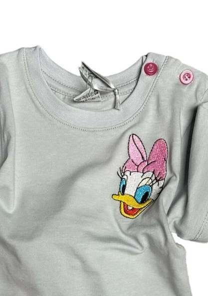 Kız Bebek Ördek İşlemeli Yazı Detaylı Pembe Şortlu Takım - Resim 4