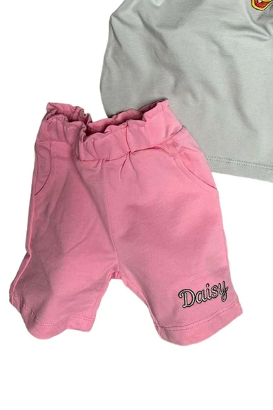 Kız Bebek Ördek İşlemeli Yazı Detaylı Pembe Şortlu Takım - Resim 3