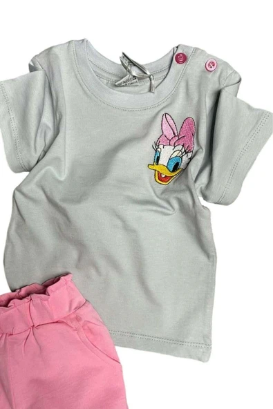 Kız Bebek Ördek İşlemeli Yazı Detaylı Pembe Şortlu Takım - Resim 2