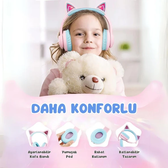 iClever Kedi Kulaklı Led Işıklı Güvenli Ses Sınırlı 50 Saat Oynatma Süreli Bluetooth Çocuk Kulaklığı Pembe - 7