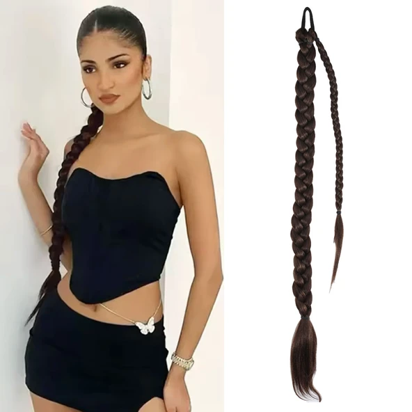 Üçlü Örgülü Tokalı Bağlamalı At Kuyruğu - Kahve Karamel ürün görseli 1