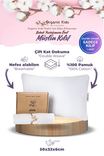 Çift Katlı Müslin Bebek Yastık Kılıfı, %100 Organik Pamuk, 50x32x6 cm