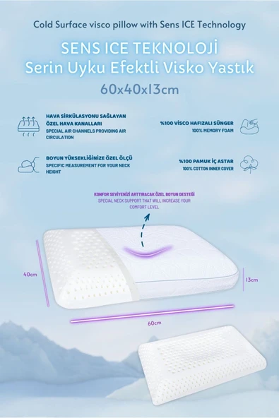 Sens Ice Teknoloji Serin Uyku Efektli Visco Yastık Medium 60x40x13 cm - 2