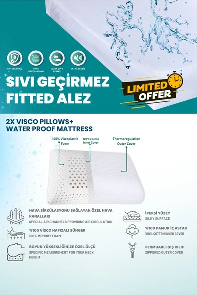 Ecovis Aile Seti, 2'li Visco Yastık Ve Çift Kişilik Sıvı Geçirmez Fitted Yatak Alezi 160x200cm - 2