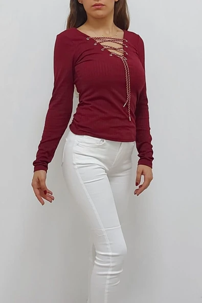 Bkmc Önden Bağlamalı Tişört Bordo - 2