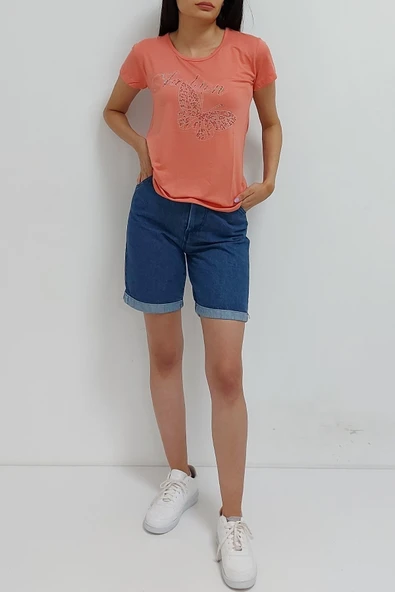 Bkmc Kelebek Nakışlı Tişört Pudra (lisinya)