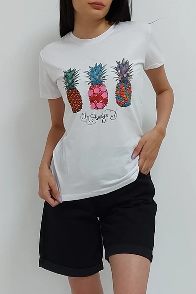 Bkmc Ananas Baskılı Tişört Beyaz - 2