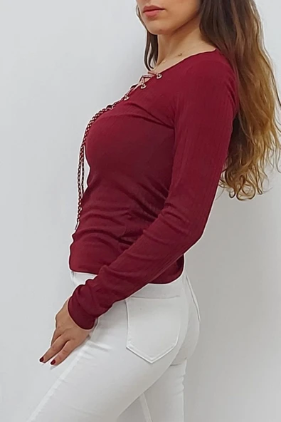 Bkmc Önden Bağlamalı Tişört Bordo - 5
