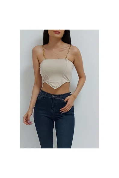 Bkmc Zincir Askılı V Yaka Sandy Crop Bluz Taş