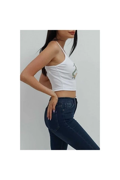 Bkmc Çapraz Askılı Desenli Crop Bluz Beyaz - 2