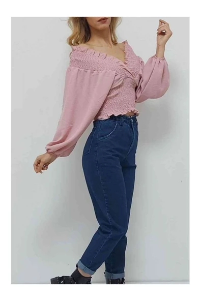 Bkmc V Yaka Gipeli Ayrobin Bluz Pudra - 4