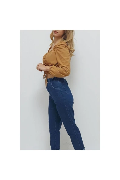 Bkmc V Yaka Gipeli Crop Bluz Sütlükahve - 3