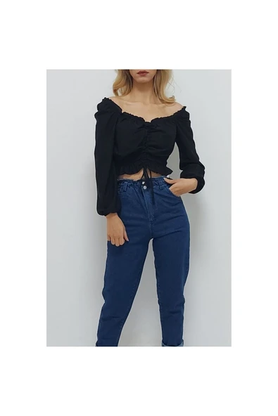Bkmc V Yaka Gipeli Crop Bluz Siyah - 2