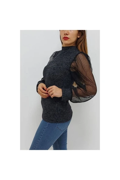 Bkmc Yarım Boğazlı Kolu Tüllü Bluz Antrasit - 4