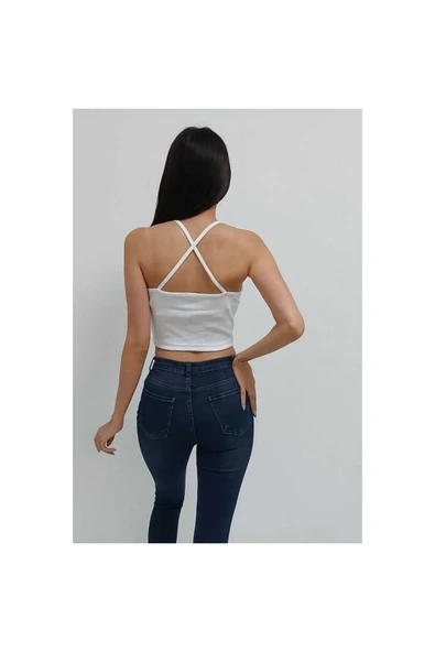Bkmc Çapraz Askılı Desenli Crop Bluz Beyaz - 4