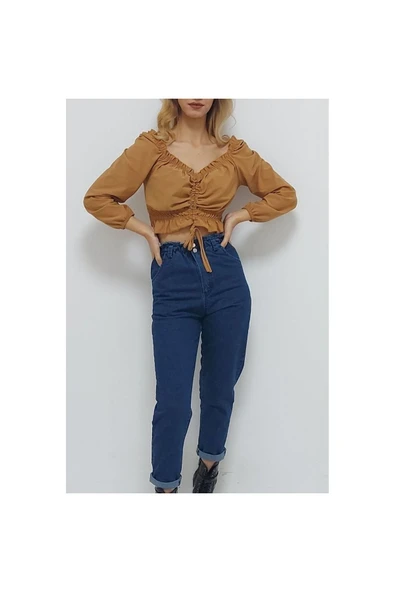 Bkmc V Yaka Gipeli Crop Bluz Sütlükahve - 2