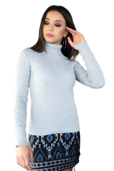 Bkmc Tam Balıkçı Yaka Kadın Triko Gri