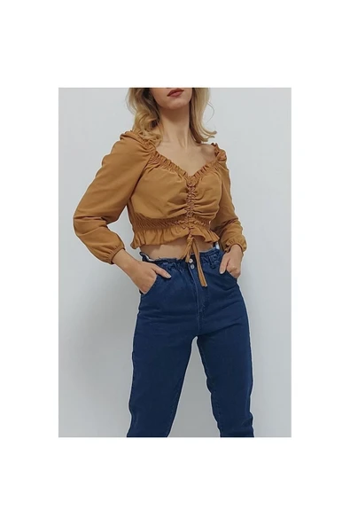 Bkmc V Yaka Gipeli Crop Bluz Sütlükahve