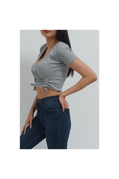 Bkmc Kruvaze Yaka Büzgülü Bluz Gri - 3