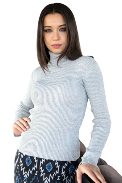 Bkmc Tam Balıkçı Yaka Kadın Triko Gri - 2