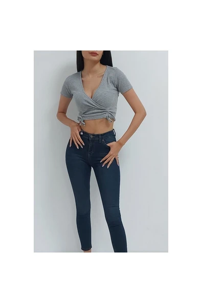 Bkmc Kruvaze Yaka Büzgülü Bluz Gri