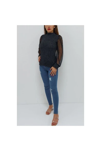 Bkmc Yarım Boğazlı Kolu Tüllü Bluz Antrasit