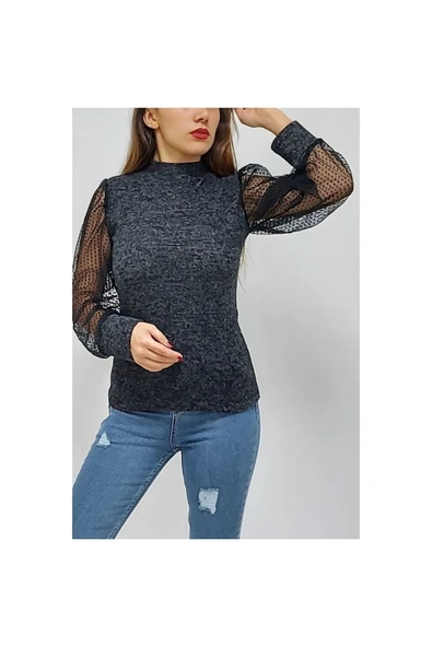Bkmc Yarım Boğazlı Kolu Tüllü Bluz Antrasit - 2
