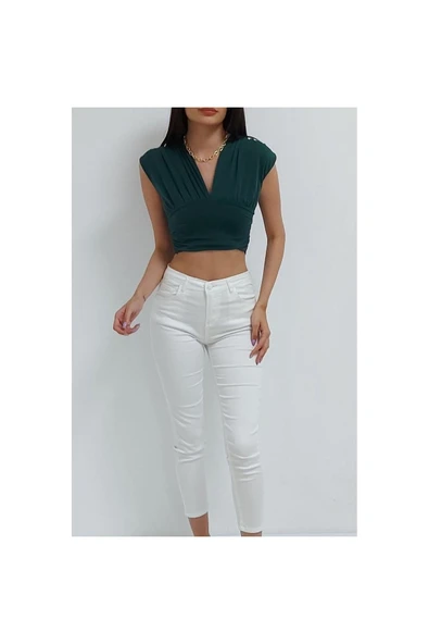 Bkmc Kolsuz Dekolteli Beli Bantlı Crop Bluz Koyu Yeşil - 2