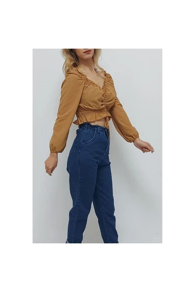 Bkmc V Yaka Gipeli Crop Bluz Sütlükahve - 4