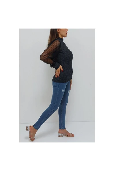 Bkmc Yarım Boğazlı Kolu Tüllü Bluz Antrasit - 3