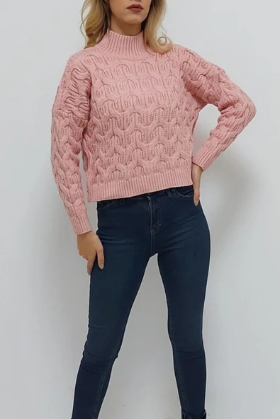 Bkmc Balıkçı Yaka Desenli Triko Bluz Pembe