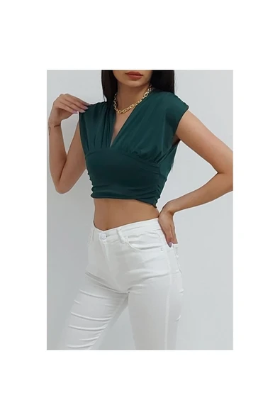 Bkmc Kolsuz Dekolteli Beli Bantlı Crop Bluz Koyu Yeşil - 3