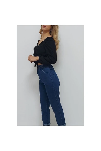 Bkmc V Yaka Gipeli Crop Bluz Siyah - 3