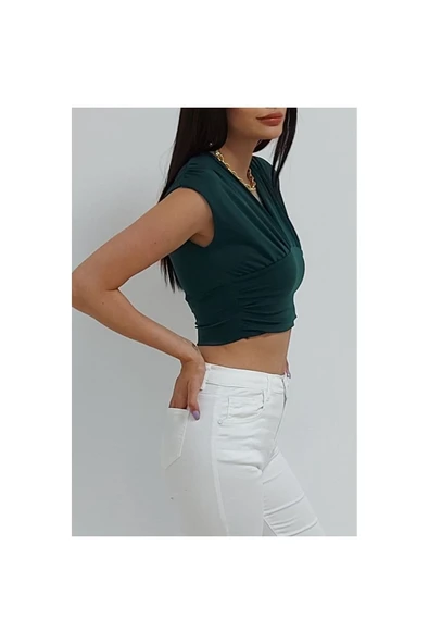 Bkmc Kolsuz Dekolteli Beli Bantlı Crop Bluz Koyu Yeşil - 4