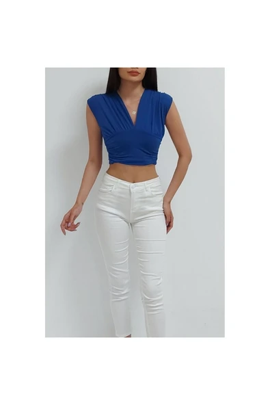 Bkmc Kolsuz Dekolteli Beli Bantlı Crop Bluz Mavi - 2