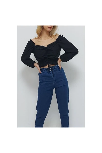 Bkmc V Yaka Gipeli Crop Bluz Siyah