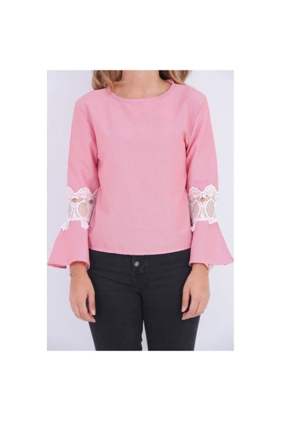 Bkmc Kolu Tüllü Çizgili Bluz Kırmızı