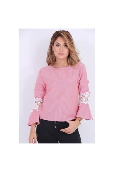 Bkmc Kolu Tüllü Çizgili Bluz Kırmızı - 2