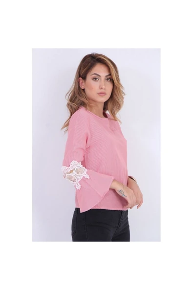 Bkmc Kolu Tüllü Çizgili Bluz Kırmızı - 3