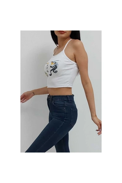 Bkmc Çapraz Askılı Desenli Crop Bluz Beyaz - 3