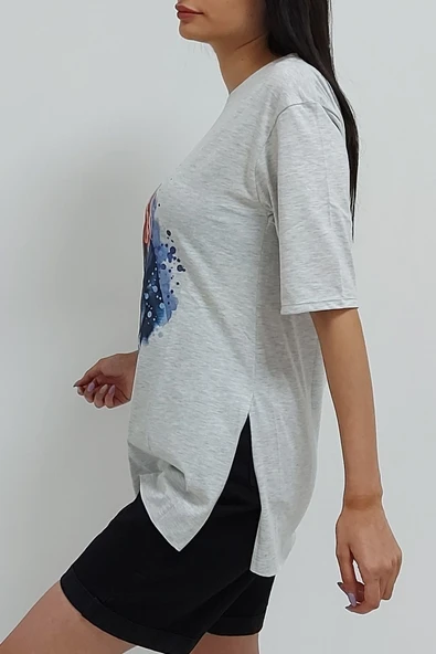 Bkmc Yırtmaçlı Baskılı Tunik Gri - 4