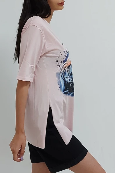 Bkmc Yırtmaçlı Baskılı Tunik Pudra - 4