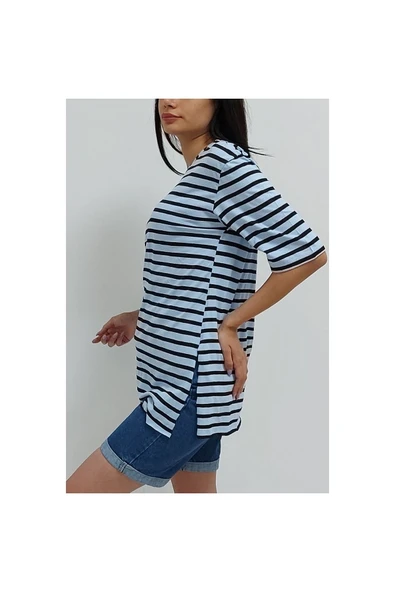 Bkmc Çizgili Yırtmaçlı Tunik Mavi - 4