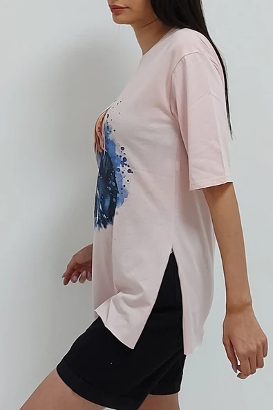 Bkmc Yırtmaçlı Baskılı Tunik Pudra - 3