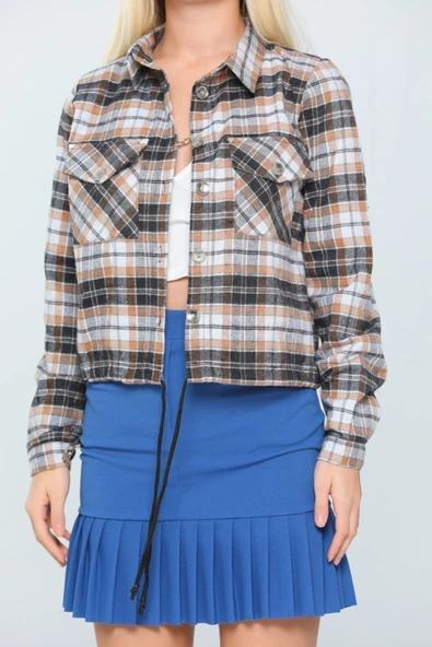 Bkmc Çift Cepli Ekose Desenli Alt Ipli Gömlek Camel - 4