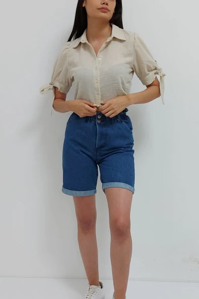 Bkmc Kolu Bağcıklı Crop Gömlek Taş - 2