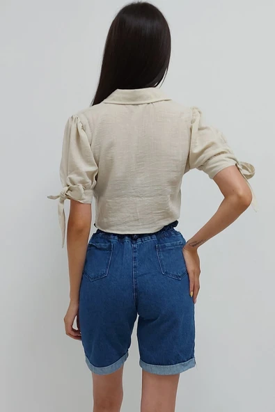 Bkmc Kolu Bağcıklı Crop Gömlek Taş - 5