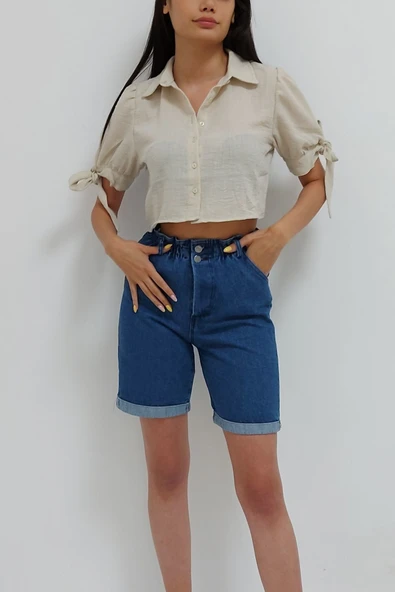 Bkmc Kolu Bağcıklı Crop Gömlek Taş